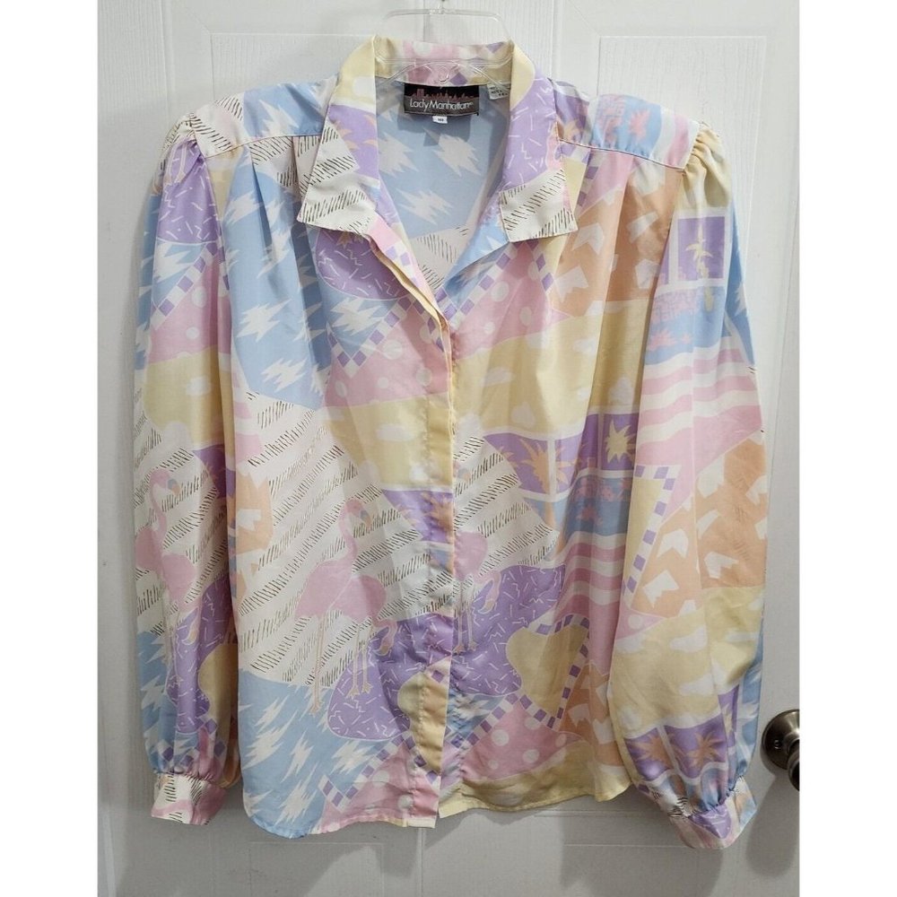 Vtg Lady Manhattan Women's Long Sleeve Button Up Blouse Top Pastel Print Sz 18